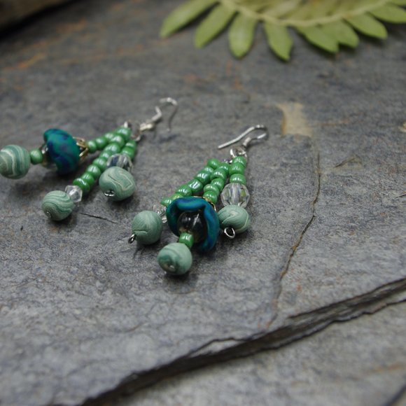 Dangling Cluster Ocean Beaded Earrings with Handmade Beads and Pearls - OOAK - Picture 3 of 10